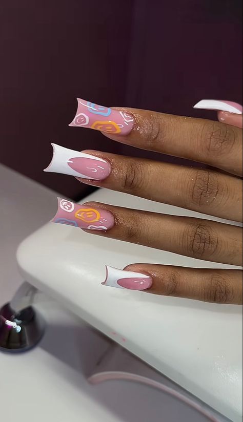 Kaws Duckies Nails, Unique Spring Acrylic Nails, Medium Length Duck Nails, Duck Nails Medium, Kaws Nails Art Medium, Medium Duck Nails With Charms, Duck Nail Designs With Charms, Duckies Nails, Duck Tip Acrylic Nails Y2k