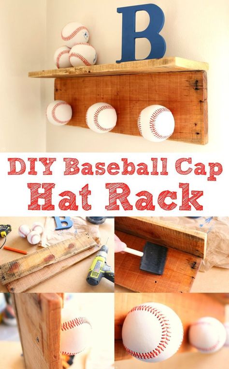 DIY Baseball Cap Hat Rack! Make this EASY baseball cap hat rack with just a few materials. Click to get the free tutorial, and I'll show you exactly how I made it! Plus, you'll find out how I stave off allergies! It's a win-win! #ForgetAllergies #ad Diy Baseball Hat, Baseball Hat Rack, Baseball Hat Racks, Diy Hat Rack, Baseball Bedroom, Baseball Room, Diy Entryway, Baseball Theme, Diy Wine Rack