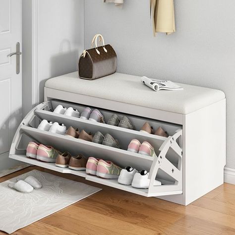 PRICES MAY VARY. 【Flip Drawers Shoe Storage】: Featuring with 1 flip drawers, this shoe bench with storage can store multiple pairs of shoes (depending on the sizes of shoes), keeping your shoes well organized and reduce clutter. 【Soft Cushion Seating】: PU leather seat cushion with fillings provides comfort and convenience for the storage bench. It enables you to sit comfortably on the shoe cabinet bench to change shoes instead of squatting, and take a short break while taking off your shoes when Shoe Storage Ikea Hallway, Shoe Rack As Bathroom Storage, Cubby Shoe Bench, Shoe Rack In Apartment, Closet Shoe Storage With Drawers, Shoe Storage For Wardrobes, Ikea Hemnes Shoe Bench, Shoe Rack Entryway Table, Side Board Shoe Storage