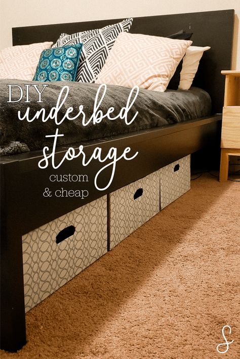 DIY Underbed Storage: Custom and Cheap - Sara Strives Underbed Storage Diy, Diy Underbed Storage, Under Bed Storage Diy, Diy Storage Under Bed, Cheap Storage Bins, Diy Under Bed Storage, Couple Apartment, Homemade Headboards, Diy Storage Bed