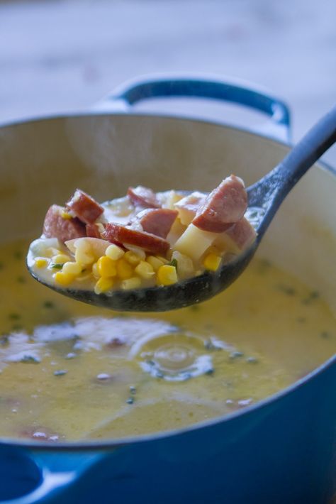 Smoked Sausage Corn Chowder Sausage Corn Chowder Recipe, Potatoes And Smoked Sausage, Sausage Corn Chowder, Potato Corn Chowder, Sausage Soup Recipes, Sausage Potatoes, Soup And Stew, Corn Chowder, Easy Instant Pot Recipes