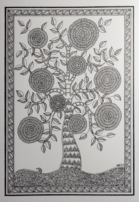 Gond Art Black And White, Madhubani Sketch, Madhubani Embroidery, Madhubani Tree, Madhubani Drawing, Madhubani Paintings Peacock, Mithila Art, Worli Painting, Gond Painting