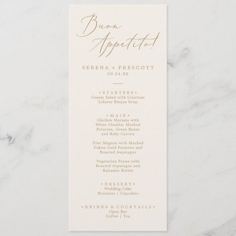 Delicate Gold Calligraphy Cream Buon Appetito Menu  Zazzle Wedding Menu Card Design, Modern Italian Wedding, White Cheddar Mashed Potatoes, Yellow Typography, Lobster Bisque Soup, Romantic Minimalist, Menu Card Design, Brownie Cupcakes, Lobster Bisque