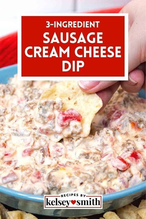 This chunky 3-ingredient sausage cream cheese dip recipe with hot sausage, cream cheese, and Rotel is the perfect game day snack. Get ready for your next gathering with this 3-ingredient dip, a crowd favorite that will be the hit of the party. It's a chunky and creamy dip with a little bit of heat. Serve this dip with tortilla chips, crackers, or raw veggies for Labor Day, New Year's Eve, a football game watch party, or Super Bowl Sunday. Slow cooker and stovetop directions. Sausage Dip Appetizers, Dip With Rotel And Cream Cheese, Spicy Sausage Rotel Dip, Rotes Dip With Cream Cheese, Sausage And Hamburger Dip, Snack Recipes With Cream Cheese, Hot Sausage Cream Cheese Rotel Dip, Ground Beef Dip Cream Cheese, Cream Cheese Rotel Dip Crock Pot