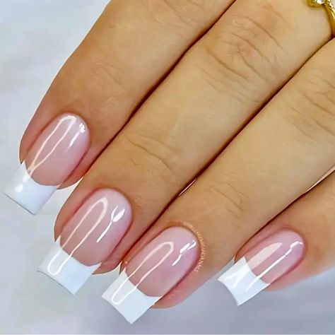 Square Nail Tip Designs, Square Fake Nails, Summer Nail Designs With Rhinestones, Uv Gel French Nails, Gel French Manicure Color, Sheer French Tip Nails, White Coffin French Tip, Wide Square Nails, White Tip Gel Nails