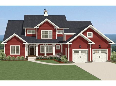 Farmhouse House Plan with 3185 Square Feet and 4 Bedrooms from Dream Home Source | House Plan Code DHSW077156 Red House Exterior, New England Cottage, Red Houses, Farmhouse Floor Plans, House Plan Gallery, Farmhouse Style House Plans, House Plans And More, Traditional House Plan, Farmhouse House