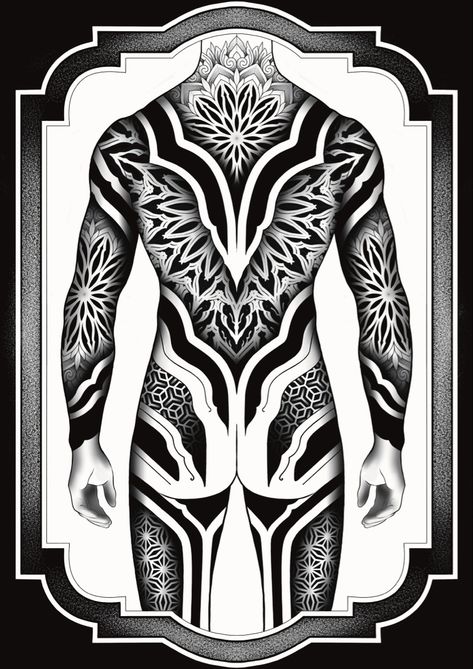 Geometric Body Tattoo, Blackwork Patterns Tattoo, Maori Tattoo Back, Geometry Back Tattoo, Geometric Pattern Tattoo Design, Back Ornamental Tattoo, Back Piece Tattoo Design, Pattern Design Tattoo, Geometric Tattoo Design Pattern