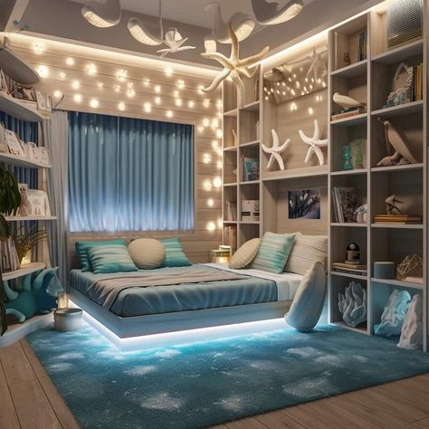 Charlotte Asthetic, Guest House Bedroom, Beachy Bedrooms, Sea Bedrooms, Underwater Room, Ocean Room Decor, Ocean Themed Bedroom, Loft Bed Plans, House Poster