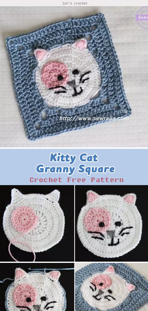 Kitty Cat Granny Square Crochet Free Pattern #freecrochetpatterns #grannysquare #kittycat Cat Granny Square Crochet, Cat Granny Square, Crochet Blanket Edging Patterns, Kat Haken, Crochet Blanket Edging, Granny Square Projects, Cat Applique, Confection Au Crochet, Crochet Cat Pattern