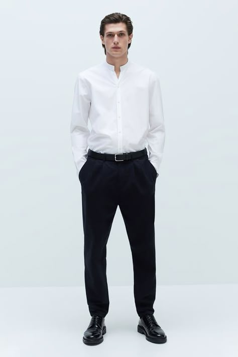 Mandarin collar shirt with long sleeves with buttoned cuffs. front button closure.model height: 6’ 2” (189 cm) Mens Business Casual, Mens Business Casual Outfits, Mandarin Collar Shirt, Casual Outfits Summer, Mens Casual Outfits Summer, Mens Business, Collar Shirt, Mandarin Collar, Dress Code