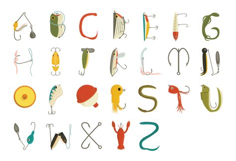 Illustrative Alphabet by Lauren Harvill, via Behance Fish Fonts Alphabet, Fish Lettering, Lino Inspiration, Fishing Crafts, Decorative Lettering, Striped Bass Fishing, Abc Learning, Fishing Tournament, 8th Grade Art