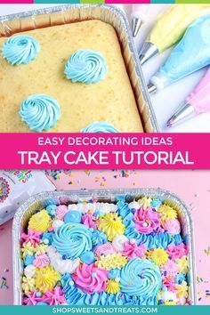 Tray bake cakes are the perfect portable dessert for any reason! Our tray cake decoration tutorial shows you how to make this show stopping sheet cake in a breeze to match any theme you can think of. Even better, no pan to remember to return! Beautifully baked and piped tray cakes to go! Multi tip tray bakes will be your new favorite technique to use! #sheetcake #traybakes #traycake #cakedecoration #multitipcakes Tray Bake Decoration, Pan Cake Decorating Ideas, Tray Cakes Decoration, Tray Cake Decorating Ideas, Birthday Tray Bake Cake, Tray Bake Cake Decoration, Easter Sheet Cakes Decorated, Tray Cake Decoration, Sheet Pan Cake Decorations