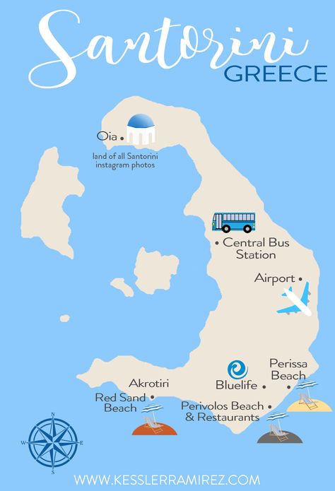 Full Travel Guide to Santorini, Greece by Kessler Ramirez Map Of Santorini Greece, Map Of Santorini, Santorini Map, Greece Bucket List, Perissa Beach, Grecia Santorini, Greek Islands Vacation, Turkey Vacation, Greece Itinerary