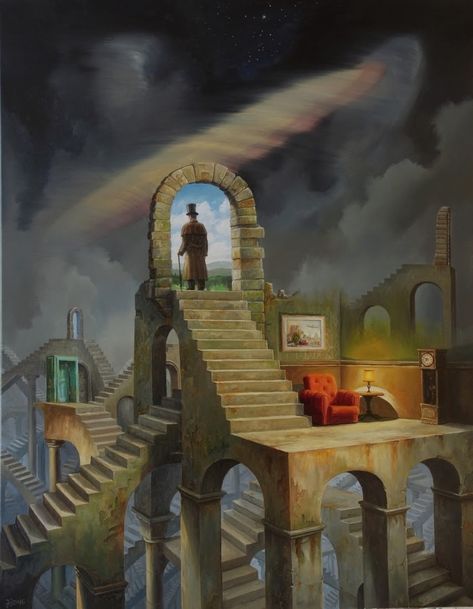 Labyrinth. Oil Paintings of Flying Machines and Architectural Surrealism. By Jarosław Jaśnikowski. Surrealism Painting, Fantasy Places, Visionary Art, 판타지 아트, Dream Art, Sci Fi Art, Art Movement, Dali, Surreal Art