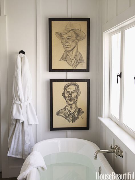 Vintage charcoal drawings from Lost Art Salon hang over an antique-style tub from sunrisespecialty.com. Etoile wall-mounted faucet with cross handles from Waterworks.   - HouseBeautiful.com Powder Room Faucet, Bedroom Wainscoting, Craftsman Wainscoting, Wainscoting Staircase, Wainscoting Nursery, Picture Frame Wainscoting, Wainscoting Hallway, Black Wainscoting, Ken Fulk