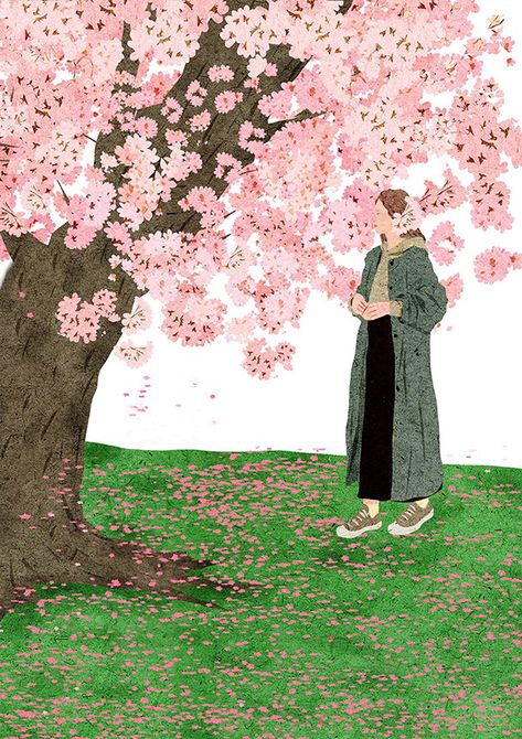 Cherry Blossom on Behance Drawing Magazine, Becky Hemsley, Cherry Blossom Illustration, Blossom Illustration, Cherry Blossom Watercolor, Cherry Blossom Girl, Cherry Blossoms Illustration, Spring Illustration, Cherry Blossom Art