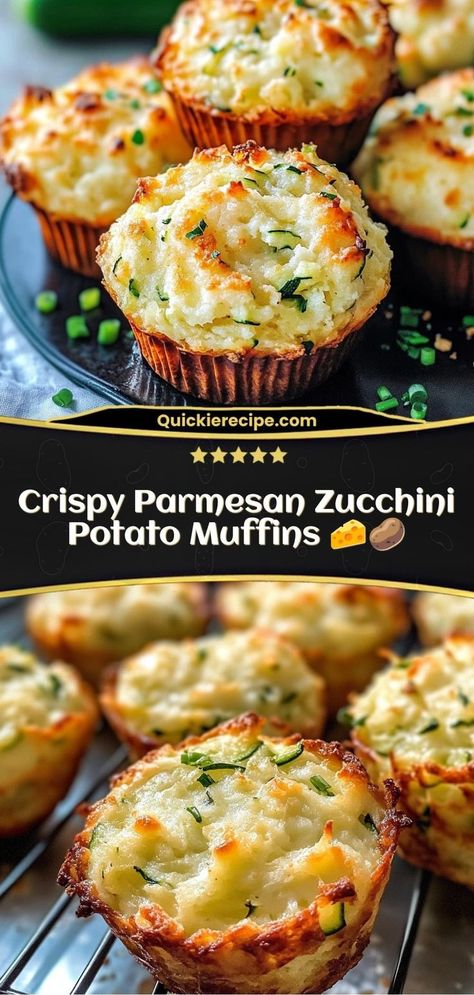 Crispy Parmesan Zucchini Potato Muffins are a tasty and savory combination of shredded zucchini and potato, mixed with Parmesan and baked into crispy, golden muffins. These are perfect as a side dish or a snack, and they’re great for using up extra veggies! Savoury Snack Recipes, Potato Muffins Recipe, Muffins Savory, Savory Cupcakes, Savory Snack Recipes, Vegetable Risotto, Easy Zucchini Recipes, Morning Meals, Cold Weather Comfort Food