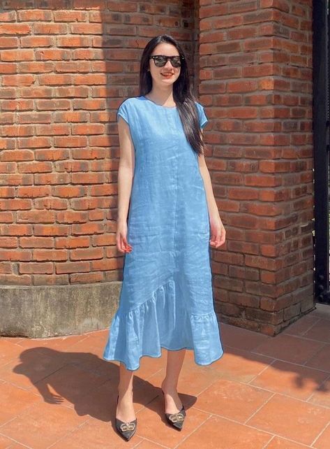 Sleeves For Sleeveless Dress, Linen Frocks For Women, Linen Frocks, Tunik Linen, Frocks For Women, Linen Suits Women, Cotton Dress Pattern, Linen Style Fashion, Simple Frock Design