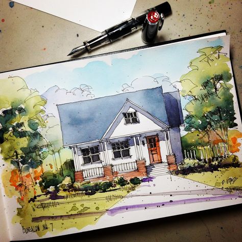 bungalow sketch | Quick sketch for another in my bungalow se… | Flickr - Photo Sharing! Watercolour Houses, Watercolor And Ink Illustration, Architectural Sketches, Watercolor Architecture, Colour Art, Travel Journals, Cottage Art, Ink Illustration, Urban Sketchers