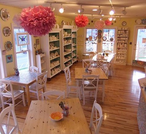 Craft Cafe Interior, Paint Your Own Pottery Studio Ideas, Paint Your Own Pottery Business, Paint Your Own Pottery Studio Design, Cafe Painting Ideas, Paint Your Own Pottery Studio, Tea Shop Painting Ideas, Art Cafe Ideas, Art Gallery Coffee Shop