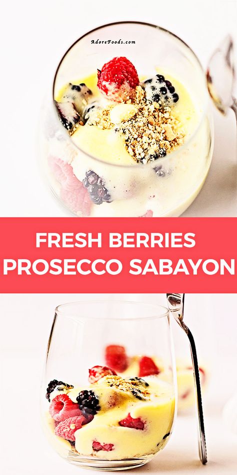 I love this Prosecco wine sabayon recipe with fresh berry fruits! Sabayon (Zabaglione in Italian) is the French version of the custardy sauce made with egg yolks beaten with sugar and wine. Combined with fresh berries makes the perfect easy, no bake summer sweet dessert recipe, ready in just 15 minutes. Fresh Berries Dessert, Berry Fruits, Prosecco Wine, Chocolate Ganache Recipe, Tiramisu Dessert, Ganache Recipe, Baked Cheesecake Recipe, Berry Dessert, Easy Summer Desserts