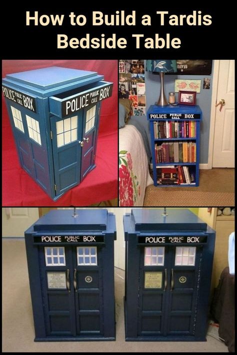 If you're a Doctor Who fan, then this bedside table is for you! Do you know someone who would love this in their room? Doctor Who Bedroom, Doctor Who Room, Doctor Who Decor, Cat Bedroom, Police Call, Police Box, Space Cat, Best Tv Shows, Diy Table