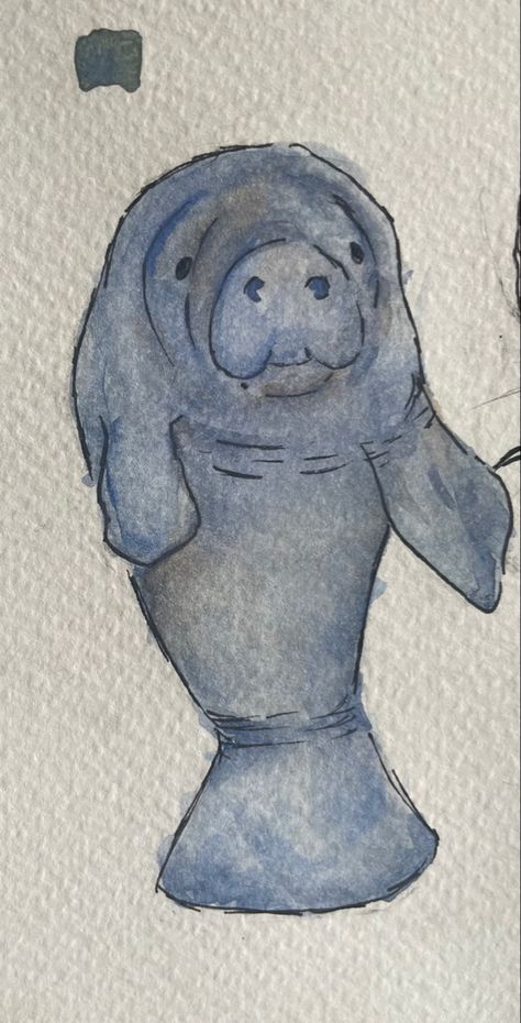 Water colour manatee Silly Animals Drawings, Manatees Drawing, Sea Animal Paintings Easy, Cute Ocean Drawings, Water Animals Drawing, Sea Animal Paintings, Manatee Craft, Sea Animal Drawings, Manatee Aesthetic