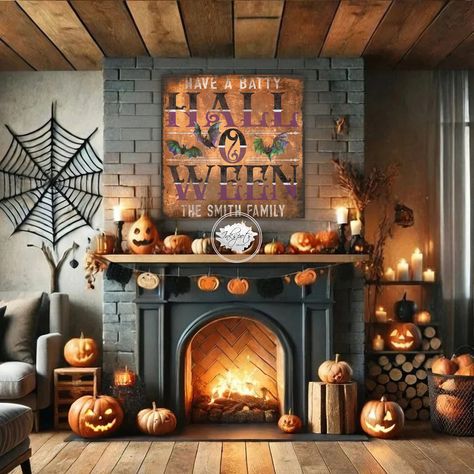 Halloween Fireplace Decor Mantles, Autumnal Bedroom, Halloween Mantle Ideas, Modern Farmhouse Mantel, Halloween Fireplace Decor, Fireplace Halloween, Halloween Color Palette, Halloween Mantel Decor, Fall Fireplace Decor