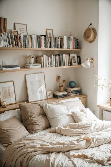 22 Smart Ideas & Organization for Small Bedroom (Looking Bigger + Tricks + Maximise Space) High Shelf In Bedroom, High Shelf Bedroom, Small Natural Bedroom, Small Cozy Apartment Bedroom, Small Bedroom Inspirations Cozy, Organization For Small Bedroom, Cozy Guest Bedroom Ideas, Small Double Bedroom, Apartment Upgrades