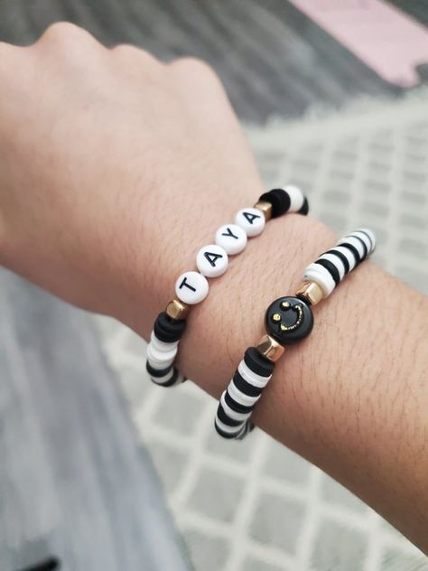 White Clay Bead Bracelet, Bead Bracelet Stack, Clay Bead Bracelet, Clay Bracelet, Black Clay, Clay Bead, White Clay, Bijoux Diy, Clay Beads