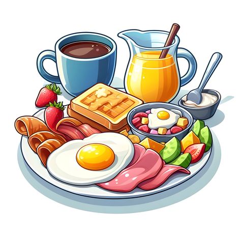 Cartoon Breakfast, Breakfast Stickers, Healthy Food Plate, Japanese Food Illustration, Desserts Drawing, Bowl Of Cereal, Food Cartoon, Food Clipart, Food Illustration Art