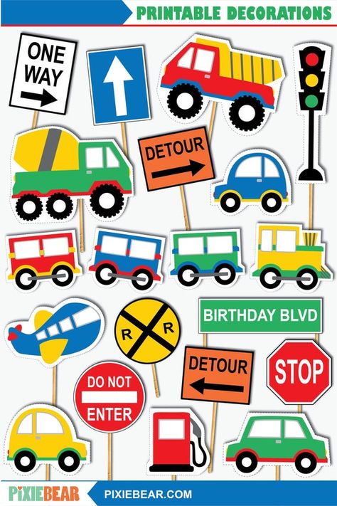 Transportation Cutouts - Printable Transportation Birthday Cutouts, Cake Toppers and Signs for a Transportation Party (Instant Download PDF) Transportation Decorations, Transportation Cake, Transportation Invitation, Transportation Birthday Party, Car Cake Toppers, Cars Birthday Party, Transportation Party, Transportation Birthday, Printable Decorations