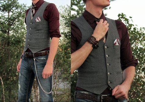 Grey vest and Maroon shirt Western Outfit Men, Maroon Shirt Outfit, Western Formal Wear, Burgundy And Grey Wedding, Maroon Dress Shirt, Vest Outfits Men, Grey Pants Men, Burgundy Vest, Groomsmen Outfits