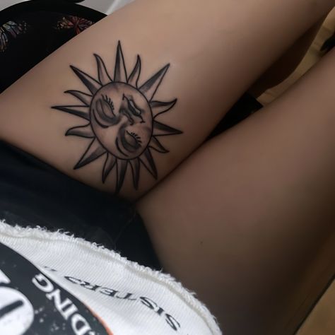 Sun tattoo on thigh Sun Tattoo On Thigh, Sun Thigh Tattoo, Tattoo On Thigh, Sun Tattoo, Piercing Ideas, Thigh Tattoo, Lotus Flower Tattoo, Tattoo On, Flower Tattoo