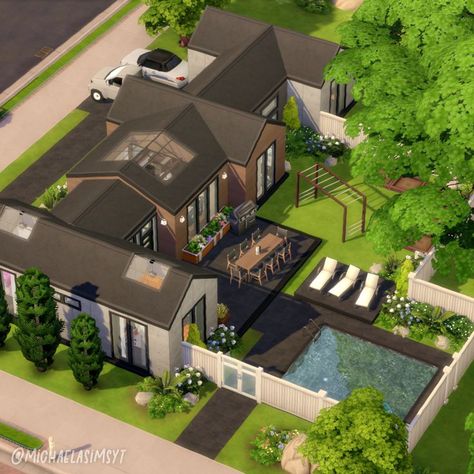 Base Game Modern Bungalow 🤎 A spacious middle-sized bungalow for a family of 5 sims built using only Base Game! The middle of the house is where you can find the main living spaces, the bedrooms are on the side! No CC and Maxis Match the sims 4 house exterior || the sims 4 exterior || the sims 4 house || the sims 4 house ideas || sims 4 houses || sims 4 house plans #thesims4 #simshouse #simsbuild #showusyourbuilds #sims4maxismatch #sims4housebuild #simshome #dreamhouse #sims The Sims 4 Exterior, Sims 4 House Exterior, Sims 4 Family House, Sims 4 Exterior, House Ideas Sims 4, Sims 4 Modern House, Houses Sims 4, Sims 4 Houses Layout, Modern Bungalow Exterior