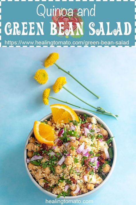 Cold green bean salad recipe with feta and quinoa.  This vegetarian green bean salad is perfect for meal prep. Use a simple orange dressing for it. #healingtomato #greenbeans https://www.healingtomato.com/green-bean-salad/ via @healingtomato Cold Green Bean Salad, Chickpeas Salad, Quinoa Chickpea Salad, Green Bean Salad Recipes, Orange Dressing, Quinoa Recipes Healthy, Green Bean Salad, Bean Salad Recipe, Easy Quinoa