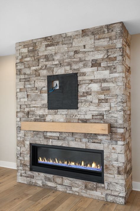 Fireplace Half Stone, Tv Enclosure, Houston Houses, Tv Area, House Addition, Feature Wall Living Room, Stone Fireplaces, Ski Cabin, Basement Inspiration