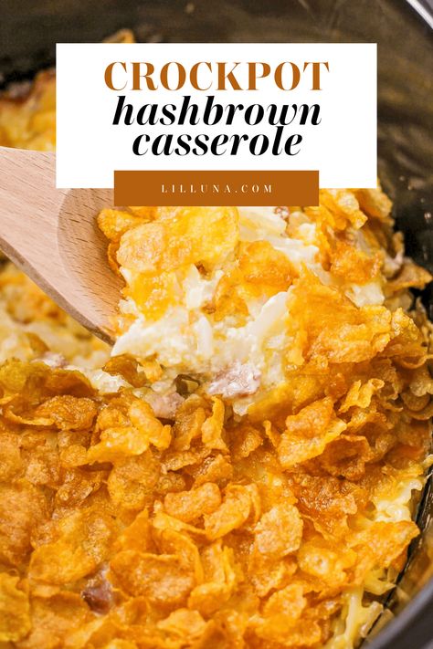 Crockpot hashbrown casserole is easy, cheesy, and a family favorite! It's perfect for a potluck, brunch, or easy Sunday side dish. #crockpothashbrowncasserole #hashbrowns #crockpot #breakfast #slowcooker Cheesy Hashbrowns Crockpot, Cheesy Hashbrown Casserole Crockpot, Potluck Dishes Crockpot, Crockpot Cheesy Hashbrowns, Potluck Brunch, Crockpot Hashbrown Casserole, Cheesy Potatoes With Hashbrowns, Pot Luck Dishes Easy, Hashbrown Casserole Recipe