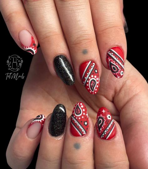 Bandana Nail Designs, Red Bandana Nails, Red Western Nails, Bandana Nail Art, Navratri 2024, Bandana Nails, Idol Nails, Cowboy Nails, Natural Nails Manicure