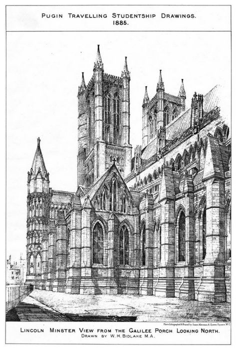 Pugin Travelling Studentship Drawings 1880.  Lincoln Minster - View from the Galilee Porch looking North. Drawn by W.H. Bidlake, M.A. Lincoln Cathedral Drawing, Ornaments Architecture, Augustus Pugin, Architecture Prints, Lincoln Cathedral, Historical Interior, Sketches Drawing, Architecture Sketches, History Project