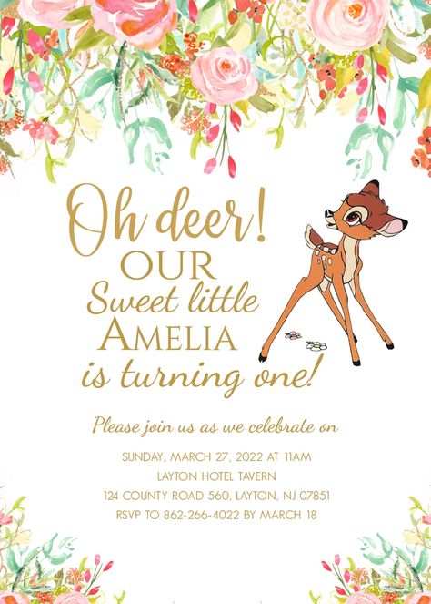 Bambi Invitation Template, Bambi 1st Birthday Party Ideas, Bambi Birthday, Deer Birthday Party, First Birthday Winter, 1st Birthday Party For Girls, Winter Birthday Parties, 1st Birthday Party Decorations, 1st Birthday Themes