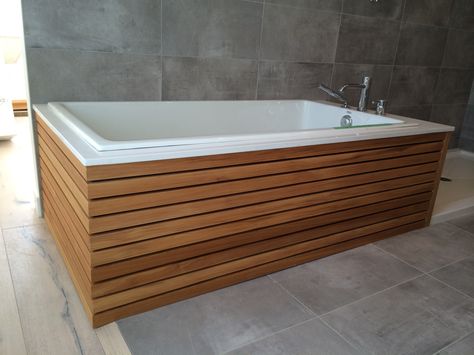 Drop In Tub Wood Surround, Boxed In Bathtub, Bathtub With Wood Surround, Wood Panel Bathtub, Built In Bathtub Tub Surround Modern, Wood Tub Skirt, Wood Bathtub Surround, Wood Bath Panel, Wood Tub Surround