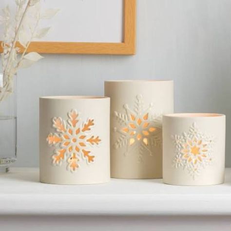 Add A Little Bit Of Winter Tranquility To Your Home With These Set Of Three Votives. Crafted In Creamy Porcelain, These Votives Are Perfect For Any Table Or Mantel. Small - 4.25”, Medium- 5.25” And Large- 6.25” Material: Porcelain Imported Includes Tea Lights Ceramic Luminaries, Christmas Tea Light Holder, Holiday Pottery, Ceramic Lantern, Pottery Candle, Christmas Clay, Ceramic Light, Votive Holder, T Lights