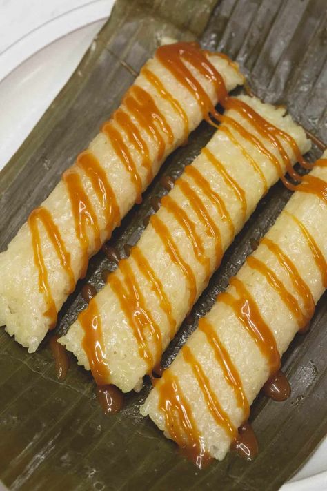 Suman Malagkit Recipe - Recipes by Nora Suman Malagkit Recipe, Filipino Sticky Rice, Maja Blanca Recipe, Filipino Sweets, Coconut Caramel Sauce, Sticky Rice Cakes, Sticky Rice Cake, Cream Style Corn, Open Faced Sandwich