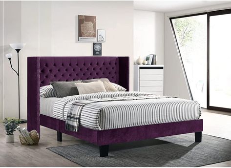 Velvet King Size Bed, Purple Bedrooms, Velvet Upholstered Bed, Purple Bedding, Queen Size Platform Bed, Velvet Bed, Meridian Furniture, Contemporary Bed, Beds For Sale