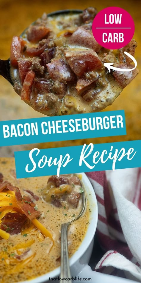 A bacon cheeseburger soup that is loaded with flavor and low in carbs and keto approved. If you want a hearty and savory soup try my bacon cheeseburger soup recipe. #soup #recipe #bacon #cheeseburger #lowcarb #keto #ketogenic #dinner #cold #recipeidea Cheeseburger Soup Recipe, Ketogenic Recipes Dinner, Bacon Cheeseburger Soup, Cheese Burger Soup Recipes, Keto Bacon, Low Carb Soup Recipes, Dinner Keto, Cheeseburger Recipe, Recipe Soup