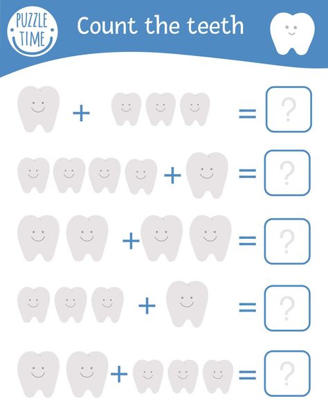 Math game with teeth. Dental care mathematic activity for preschool children. Printable counting worksheet. Educational addition riddle with cute funny elements. Mouth hygiene quiz for kids Dental Health Preschool, Quiz For Kids, Mouth Hygiene, Counting Worksheet, Dental Health Activities, Activity For Preschool, Dental Hygiene School, Kids Teeth, Dental Kids