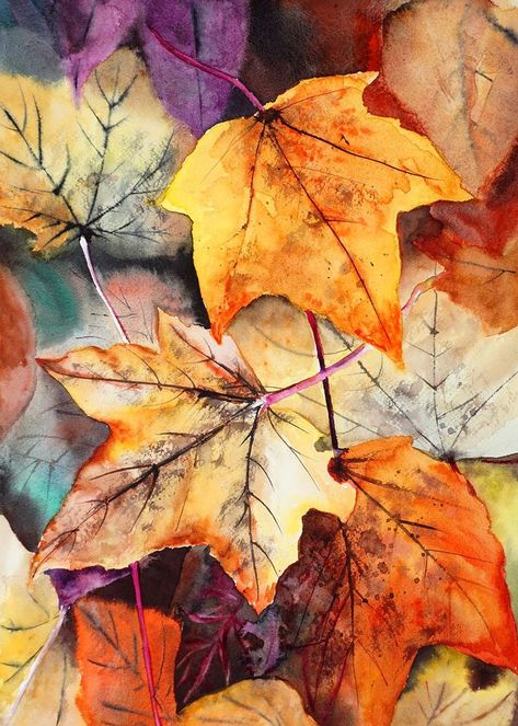 Themes To Draw, Advanced Watercolor, Four Seasons Painting, Leaves In Watercolor, Watercolor Step By Step, Paint Realistic, Watercolor Autumn Leaves, Autumn Leaves Art, Fall Drawings