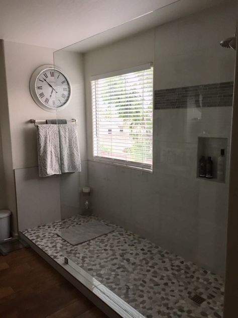 Had the tub and shower stall removed to make one large shower. Large Shower No Tub, Master Bath Large Shower Ideas, Showers With Large Windows, Bathtub Removal Remodel, Large Walk In Shower With Window, Turn Tub Into Shower Stall, Converting Garden Tub To Shower Walk In, Removing Garden Tub Bathroom Ideas, Remove Tub From Master Bath