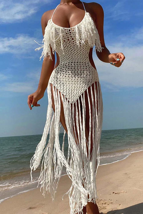 Sexy Tassel Bandage Backless Weave Swimwears Cover Up Backless Swimwear, White Tassel, Swimwear Cover, Woman Fashion, Evening Attire, Swimsuit Cover, Beach Dresses, Glamorous Evening Gowns, Flowing Maxi Dress